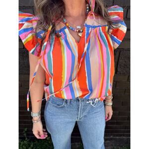 Fate Ruffle Striped Blouse Top, 100% Cotton, Boho, Sexy, Coquette, Womens Sz S